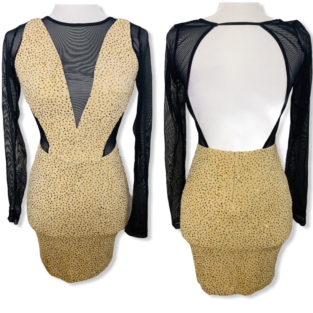Gold glitter sheer dress long sleeve & open back